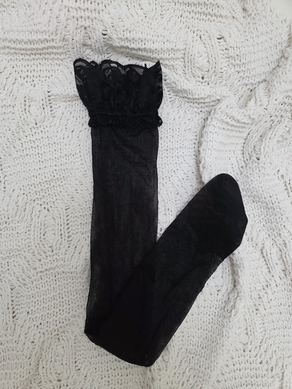 Sheer Black Lace Women's Hosiery  - Classic Sheer Tigh Highs Well Worn